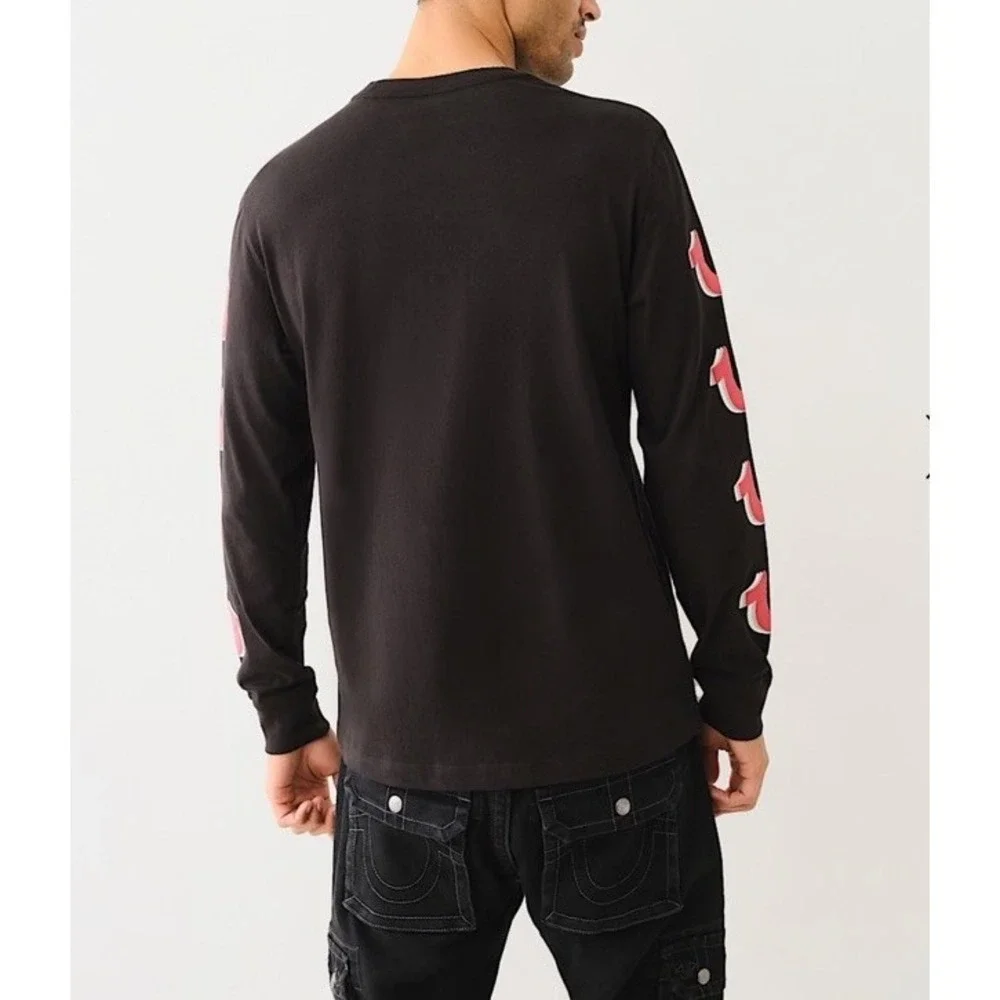 TRUE RELIGION Repeated 3D Horseshoe Long Sleeve Shirt Black Red Mens S *NEW* $69
